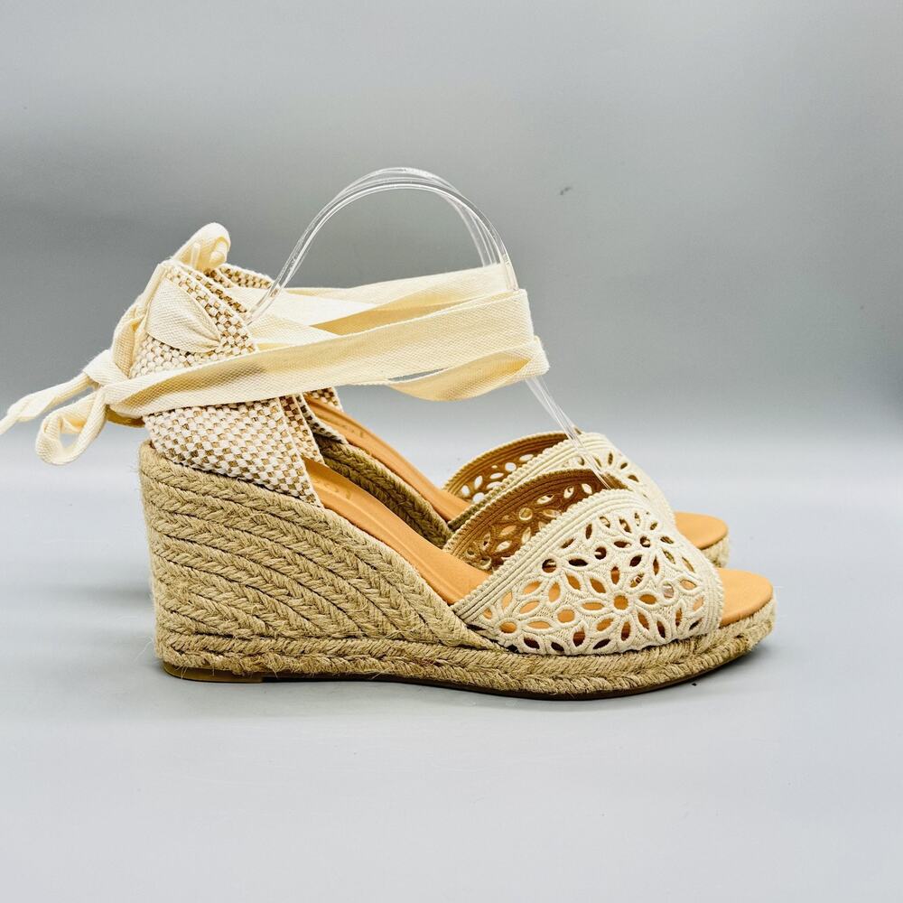 Maypol Sandals Womens 10 Beige Cotton Crochet Espadrille Wedge Tie Strap Shoes